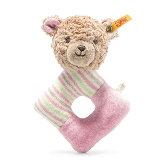 GOTS Rosy Teddy Bear Grip Toy with Rattle (15 cm)